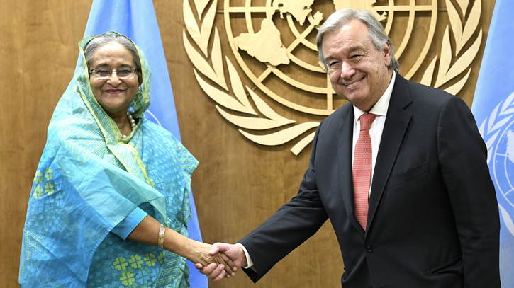 UN chief greets PM Hasina; pledges to work with her government