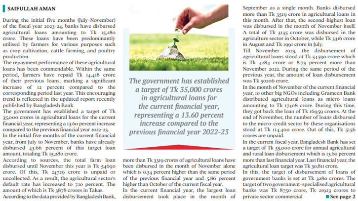 Farmers repay Tk 14,418 cr in agri loans in Jul-Nov