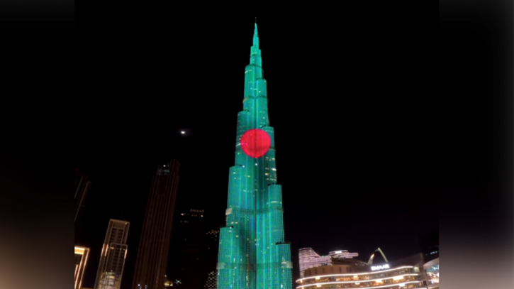 UAE buildings decorated with Bangladesh flag