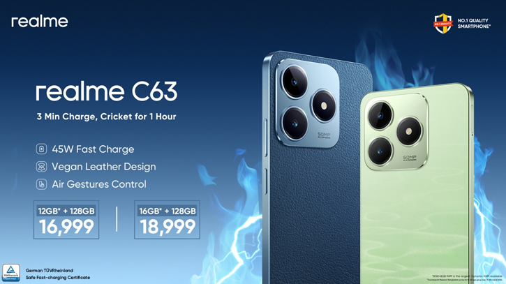 realme launches 45W charging captain C63 with first leather-back design in the segment